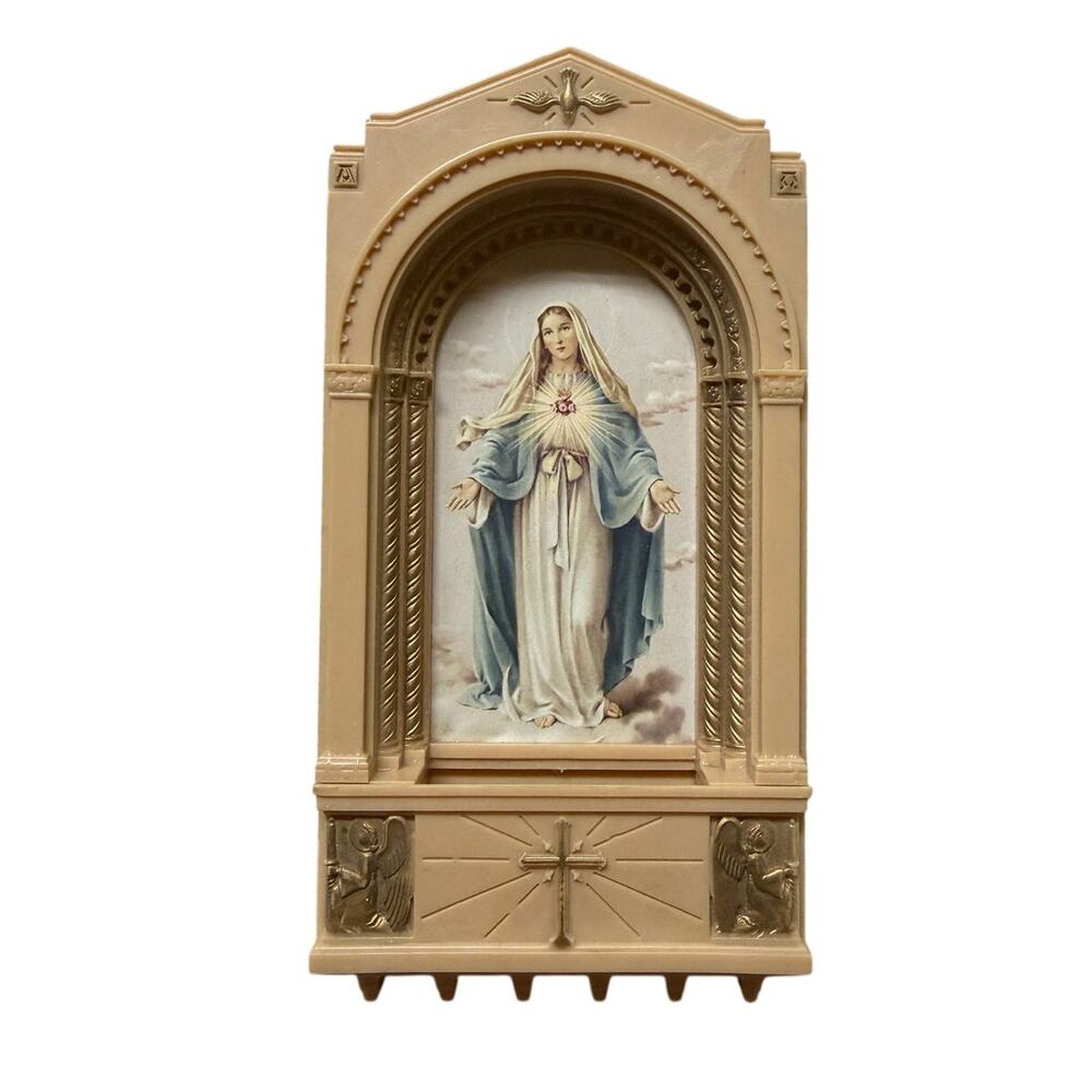 Vintage Arched Plastic Plaque of Immaculate Heart of Mary wall Shrine Holy Water